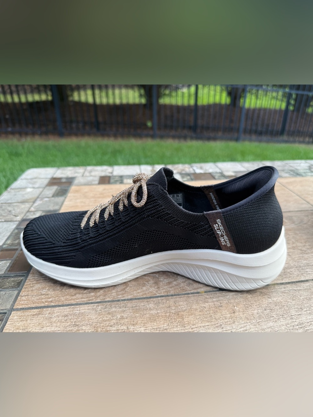 Skechers Women’s Ultra Flex Cosmic Black Slip-On Sneakers with Metallic Laces - Picture 6 of 7
